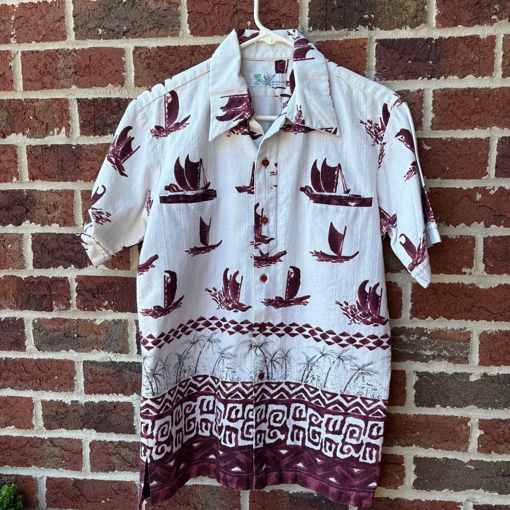 Vintage Aloha Hawaiian Shirt White Burgundy Sailboat Print Size Mens M